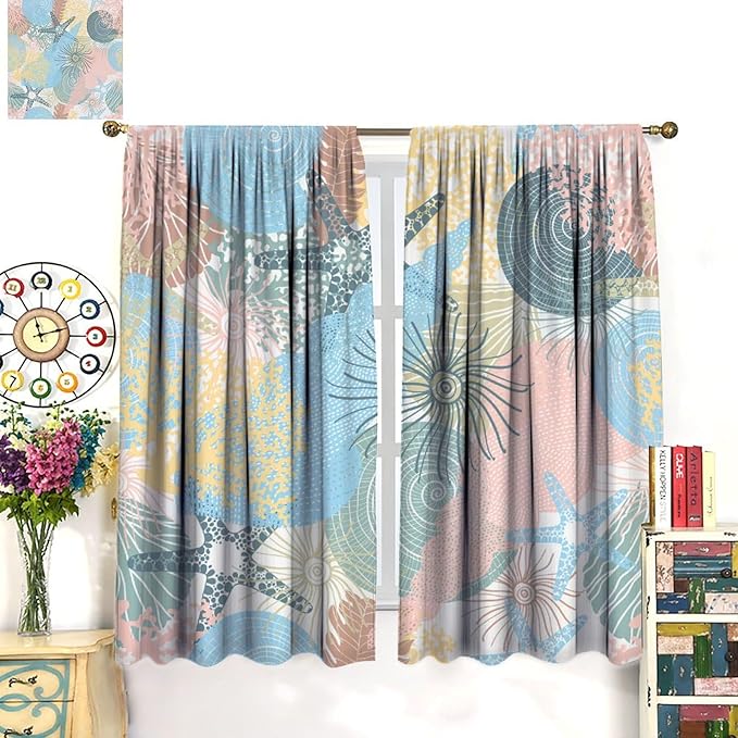 Nautical Blackout Curtain Beach Theme Starfish Seashell Nautical Rustic Ocean Sea Vintage Retro Coastal Summer Bedroom Set 2 Panels,63x63 Inches