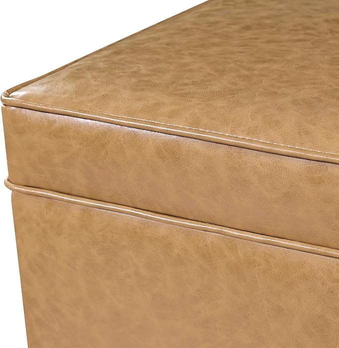 Adeco 17" Storage Ottoman Foot Rest Stool, Light Yellow Leather Ottoman with Black Solid Wood Legs and Hinged Lid, Small Foot Stool for Living Room, Bedroom
