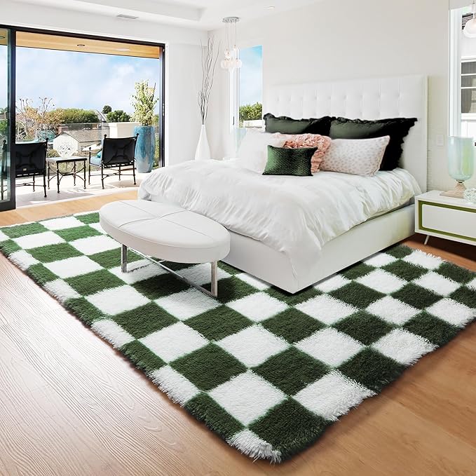 KICMOR Area Rugs for Bedroom Living Room, 4x6 Soft Fluffy Olive Green and White Checkered Shag Rug Fuzzy Shaggy Plush Bedside Carpet, Non-Slip Indoor Floor Rug for Boys Girls Room Nursery Home Decor