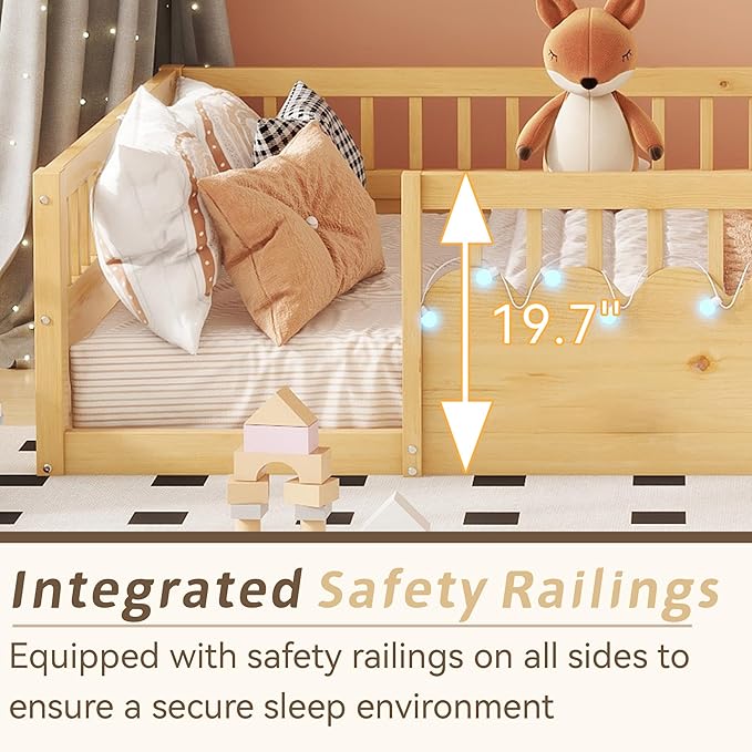 Full Toddler Floor Bed with High Rails, Wooden Montessori Bed Frame with Light and Storage Shelf, Full Size Bed Frame for Kids, Boys and Girls, Natural