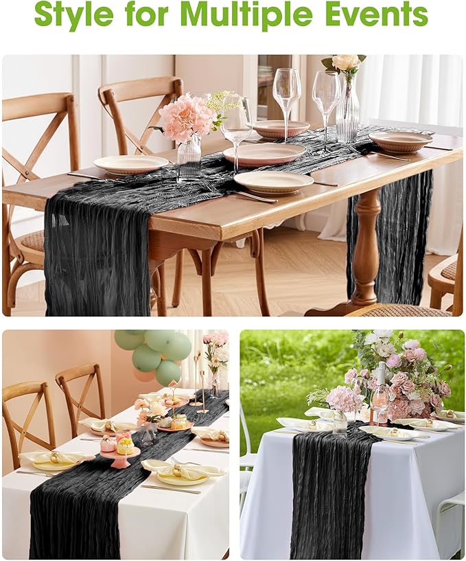 Pureegg 3-Pack Cheese Cloths Table Runner, 120'' Boho Table Cloth Decorations for Party, Baby Shower, Wedding and Farmhouse, Fabric Room Decor, Black