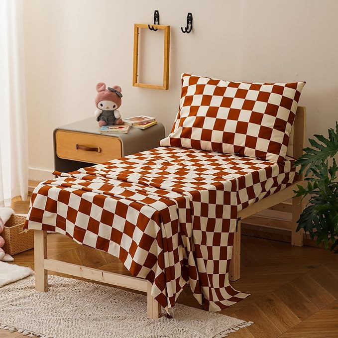 KAREVER Grid Toddler Bedding Set Pumpkin White Checkered 4 Pieces Crib Bed Set Kids Pliad Comforter Set