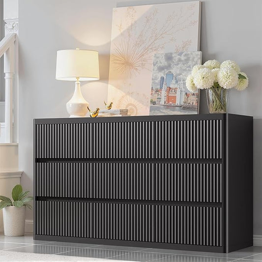 Fluted 9 Drawers Dresser, Wooden Dresser for Bedroom, Curved Profile Design, 57" Wide Modern Chest of Drawers with Texture, Large Dressers TV Stand with Organizer, Black