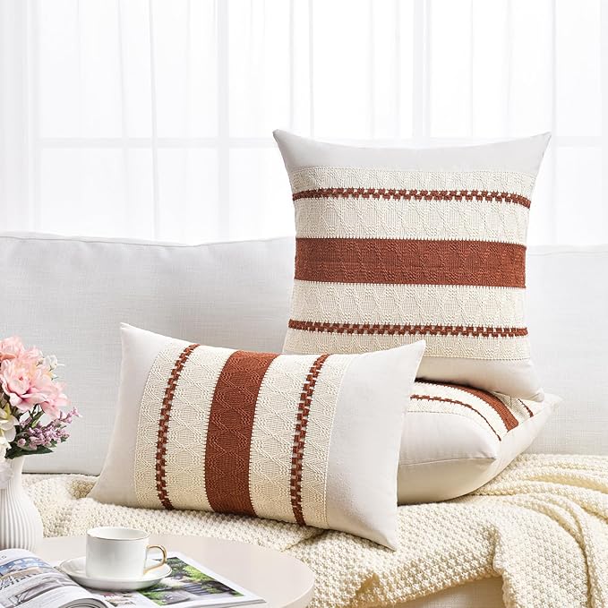 Fancy Homi Set of 2 Rust Boho Euro Decorative Throw Pillow Covers 26x26 Inch for Couch Bed Sofa, Aesthetic Modern Organic Fall Room Decor, Soft Cotton Cute Terracotta Textured Farmhouse Cushion Case