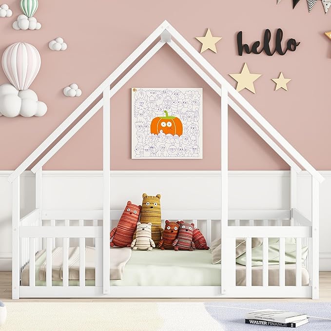 Bellemave Full Floor Bed for Kids, Girls, Boys, Wood House Bed Frame, House Floor Bed for Kids, Full Size Montessori Floor Bed with Fence, Playhouse, White