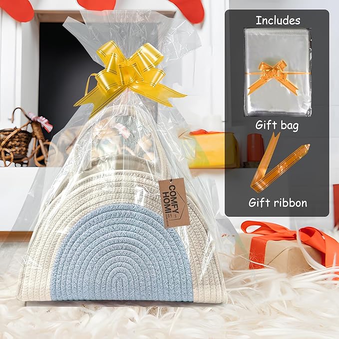 COMFY-HOMI Diaper Caddy Organizer with Gift Bags and Ribbons - Sturdy Cotton Rope Basket for Baby Girl & Boy Newborn Essentials, Large Shower Gift Bag, Nursery Storage Caddy with Handles (white bule)