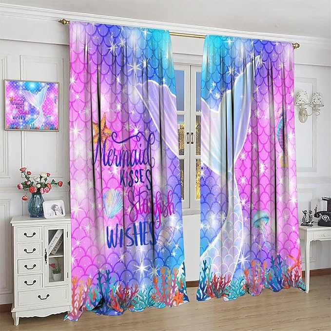 Kids Fantasy Mermaid Curtains Dream Colorful Mermaid Fish Tail Scale Fantasy Ocean Theme Window Treatment for Girls Bedroom Nursery Room Decor Window Drapes 52" W X 84" L