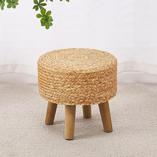 Cpintltr Round Ottoman Natural Seagrass Footstool Hand Weave Water Hyacinth Poufs Eco Friendly Sofa Foot Stool Soft Step Stool Padded Foot Rest with Pine Legs for Living Room (Natural)