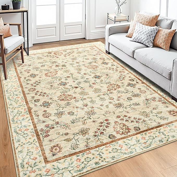 8x10 Rugs for Living Room, Beige Washable Floral Area Rug for Bedroom, Soft Non Slip Indoor Low Pile Carpet for Kitchen Dining Room, Large Boho Throw Carpets for Kids Nursery Office Dorm Home Decor