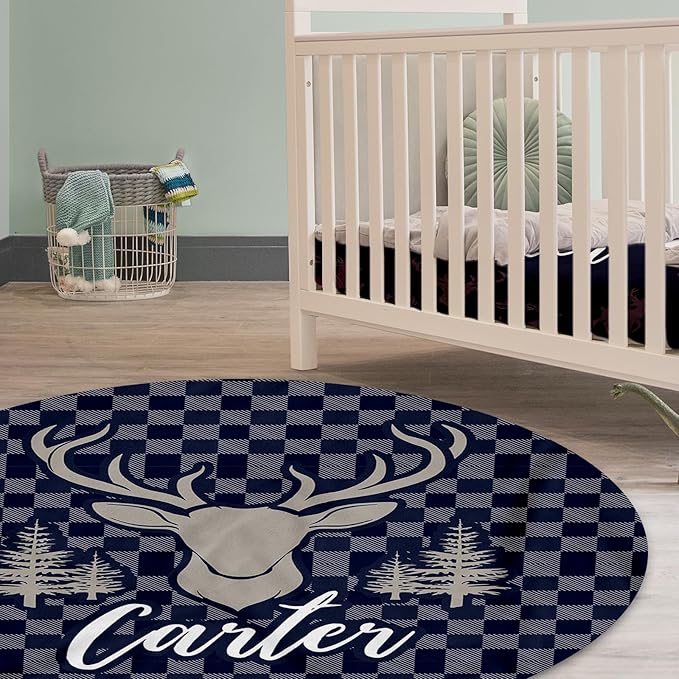 Custom Baby Crib Bedding Set,Personalized Name Navy Deer Theme Nursery Bed Set 4 Piece,Baby Blanket Fitted Sheet Nursery Rug Wall Art Set,Custom Room Decor Idea Gift for Newborns Boys Girls