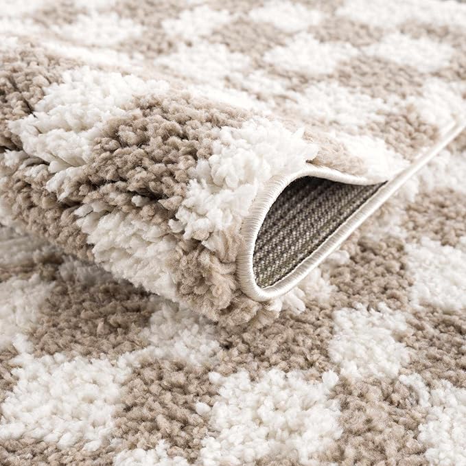 Hauteloom Kieu Contemporary Checkered Fluffy Shag Area Rug - Modern Geometric Soft Carpet Tiles for Living Room, Kids Room, Nursery - Gray, Taupe, White - 6'7" x 9'