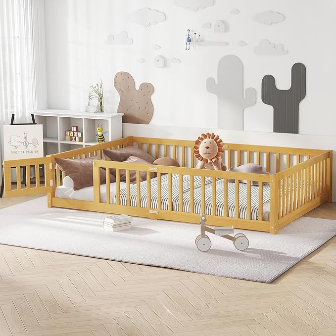 Harper & Bright Designs Queen Size Montessori Bed with Door and Fence, Kid's Floor Bed Frame with Solid Wood Support Slats for Boys, Girls, Natural