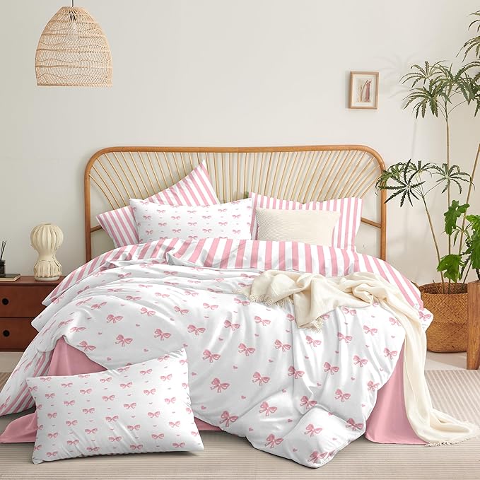Bow Twin Size Duvet Cover Pink White Heart Bedding Set Girls Bow Comforter Cover with Kawaii Love Heart Print Comforter Cover Breathable, Soft (No Comforter)