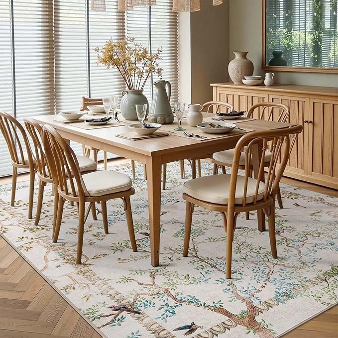 jinchan Yarden Botanical Birds 5x7 Ivory Area Rugs for Living Room Washable Non-Slip Soft Nature Plants Modern Kids Carpet Vintage Ultra Thin Low Pile Indoor Rug for Bedroom Nursery Playroom
