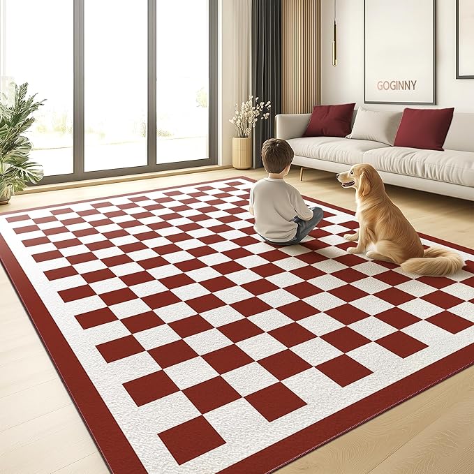 Washable 5x7 Checkered Area Rug for Living Room, Dark Red Checkerboard Modern Boho Large Rugs, Ultra Thin Low Pile Lightweight Indoor Carpet with Non-Slip Backing for Bedroom Kids Nursery Play Room