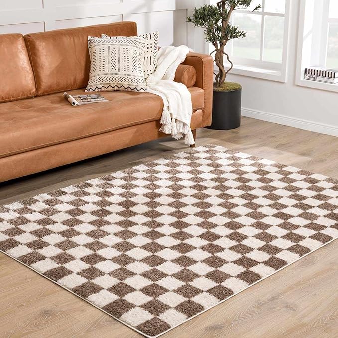 Hauteloom Canika Modern Checkered High Pile Area Rug - Contemporary Geometric Carpet for Living Room, Bedroom - Machine Washable Area Rug - Peach, Dark Brown - 5'3" x 7'