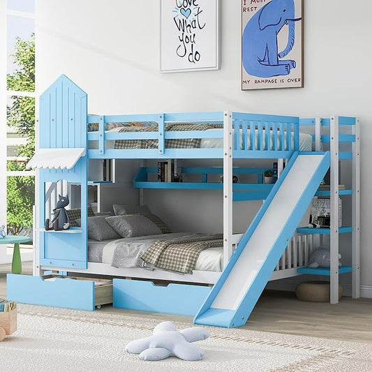 Full-Over-Full Castle Style Bunk Bed with 2 Drawers and 3 Shelves, Wood Bunk Bed Frame with Slide and Storage Staircase for Kids Teens Boys Girls Bedroom