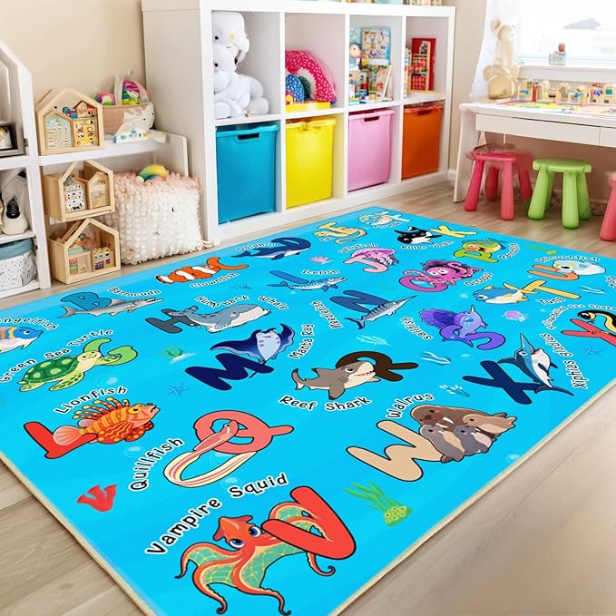Kids Rugs for Playroom, 7x9 Feet Educational Rug for Learn The ABC Alphabet, Soft Machine Washable Non-Slip Cute Marine Organisms Carpet for Classroom Toddler Nursery Kids Room Decor, Blue