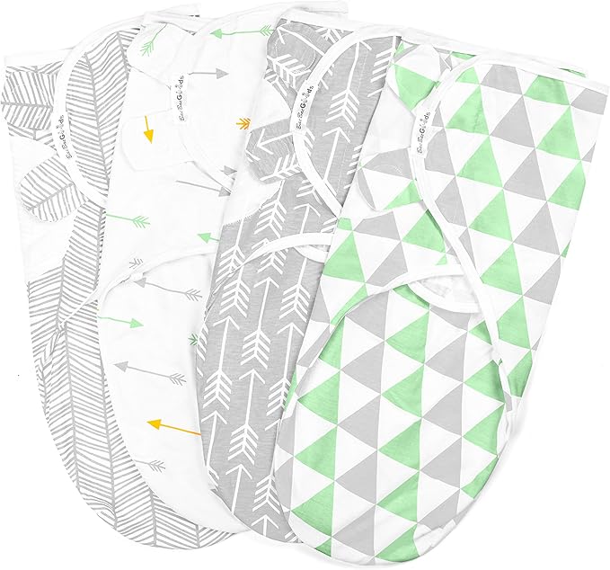 BaeBae Goods Swaddle Blanket, Adjustable Infant Baby Swaddling Wrap Set of 4, Baby Swaddling Wrap Blankets for Boys and Girls Made in Soft Cotton (0-3 Months, Green/Grey Triangles)