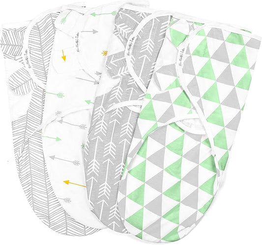 BaeBae Goods Swaddle Blanket, Adjustable Infant Baby Swaddling Wrap Set of 4, Baby Swaddling Wrap Blankets for Boys and Girls Made in Soft Cotton (Green/Grey Triangles, 3-6 Months)