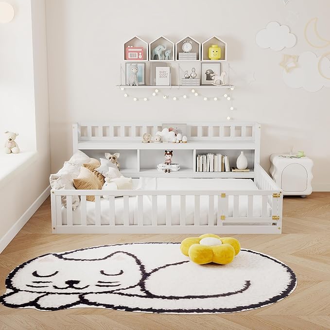 mikibama Full Size Floor Bed with Side Bookcase and Shelves, Montessori Floor Bed with Guardrails for Bedroom, Wood Full Floor Bed Frame with Storage for Girls, Boys, White