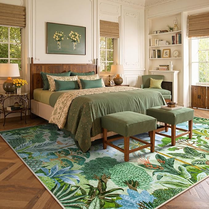 Lahome Summer Jungle Washable Rugs 9x12 Large Living Room Rug Green Forest Bedroom Carpet, Soft Dining Room Carpet for Under Table Non Slip Non Shedding Floor Mat for Classroom Office Room Decor