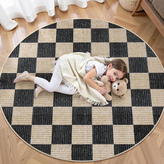 LIVEBOX Checkered Round Rug 6 Ft Washable Area Rug for Playroom, Kids Non-Slip Neutral Classic Circle Rug Geometric Large Carpet Soft Boys Rug for Classroom Dorm Bedroom(Black,180R)