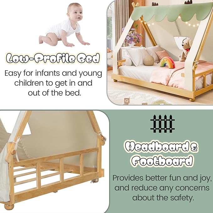 Montessori Floor Bed Full with Tent & Light, Wood Full House Beds for Kids, DIY Playhouse, Low-Profile Teepee Bed, Playful Indoor Adventure & Sleep for Girls Boys,Natural+White