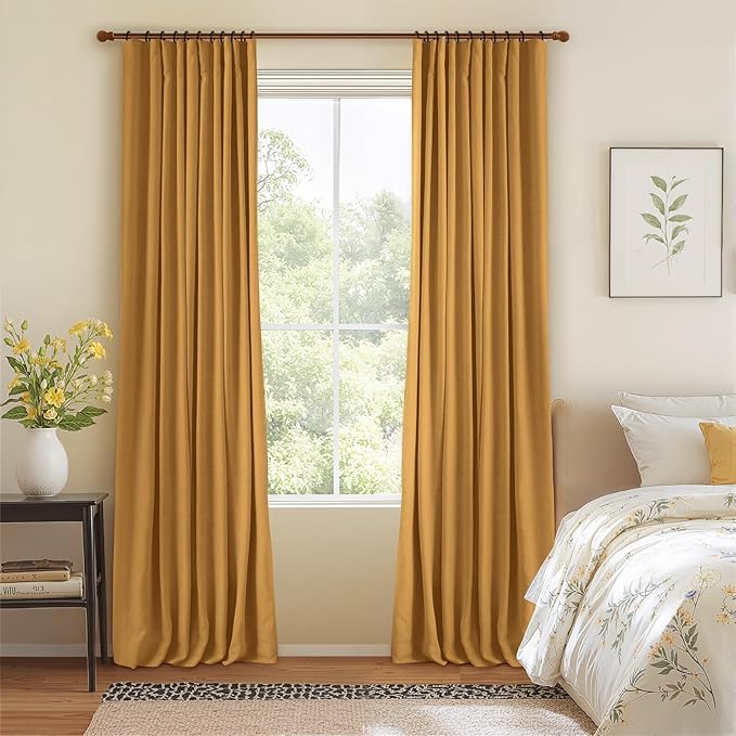 INOVADAY 100% Blackout Curtains for Bedroom, Black Out Curtains 102 Inch Long, Clip Rings Linen Blackout Drapes, Thermal Insulated Room Darkening for Living Room, 2 Panels - Mustard Yellow,W50xL102