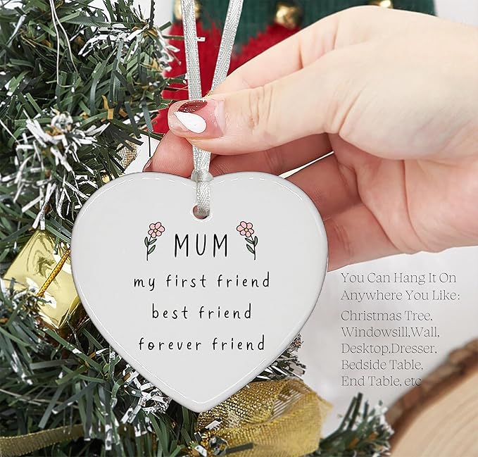 Heart Shaped Christmas Ornament-Mother’s Day Birthday Thanksgiving Wedding Gift for Mom Appreciation Present My First Friend My Best Friend Mother’s Love Ceramic Keepsake Decor