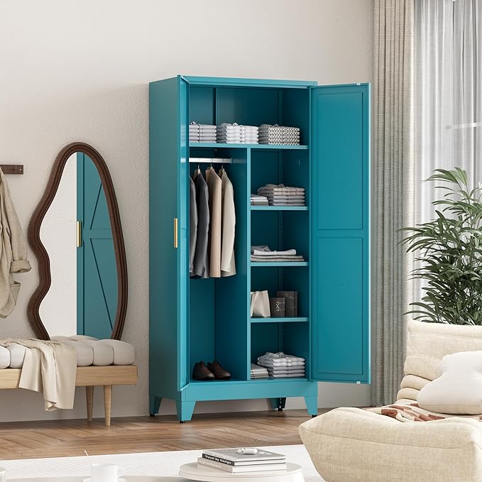 71'' Farmhouse Metal Wardrobe Cabinet with Hanging Rod, 2 Barn Door Wardrobe Closet with 5 Adjustable Shelves,Drawer,for Dining Room,Bedroom,Living Room, Cloak Room,Office (Peacock Blue)