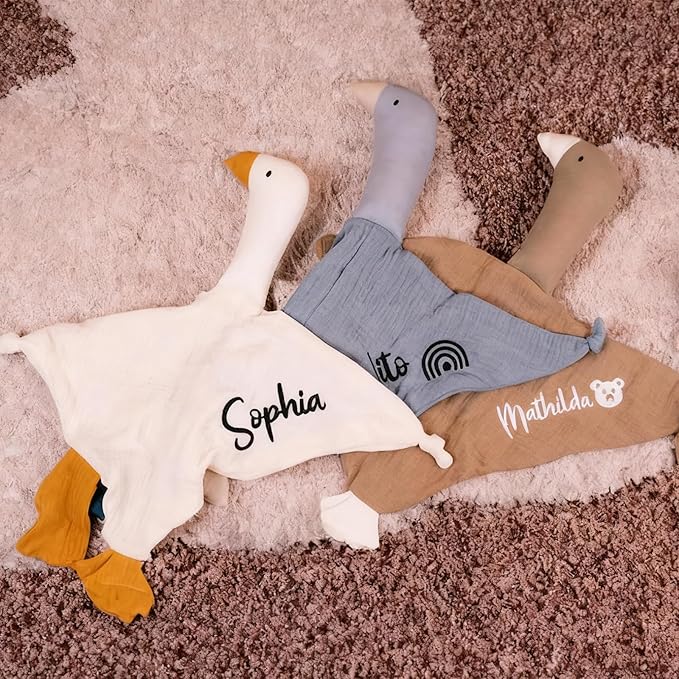Personalization Baby Lovey Blanket,Organic Cotton Muslin Security Blanket with Cute Goose Design | Hypoallergenic Newborn Gift for Christening, Baby Shower & Nursery Essentials