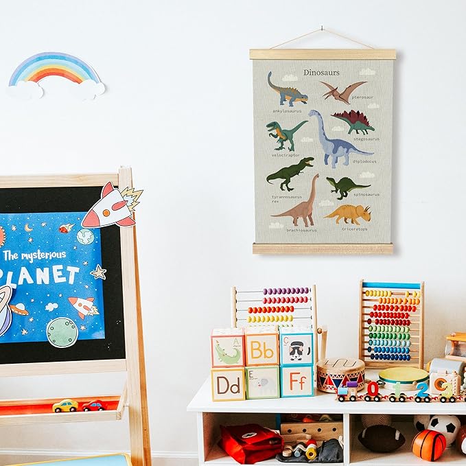 BCUANGD Dinosaurs Dino Wall Decor - Toddler Baby Boys Room Wall Art Poster Hanger with Wood Frames, Inspirational Animals Wall Hanging Canvas Decor for Kids Room Nursery Bedroom, 12x16 Inches