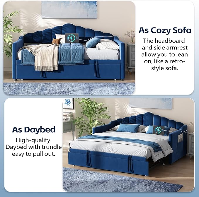 SOFTSEA Twin Daybed with Pop Up Trundle, Velvet Upholstered Daybed with USB Ports, Modern Extendable Sofa Bed Frame with Curved Backrest for Bedroom, Small Space, Blue