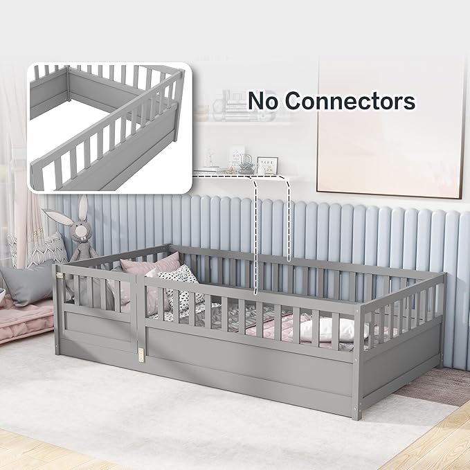 GDFStudio Twin Size Toddler Floor Bed Frame with Door & Guardrails, Toddler Twin Bed Frame for Kids Boys Girls, Low to Floor Child Bed Rail Design, Wooden Floor Bed for Baby, No Support Slat, Grey