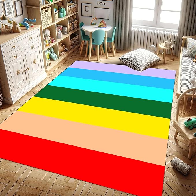 Soft Rainbow Area Rugs Girl's Bedroom Fluffy Colorful Rugs Furry Kids Play Mats Simple Rainbow Line Print Living Room Kids Room Nursery Home Decor 4x6ft