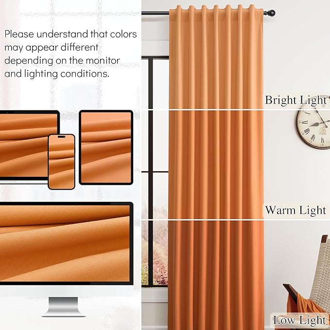 Guken Orange Linen 100% Blackout Curtains 90 Inches Long for Living Room 2 Panels Modern Black Out Thermal Insulated Privacy Curtain for Room Divider Back Tab Hook Belt Bedroom Patio Door 52x90