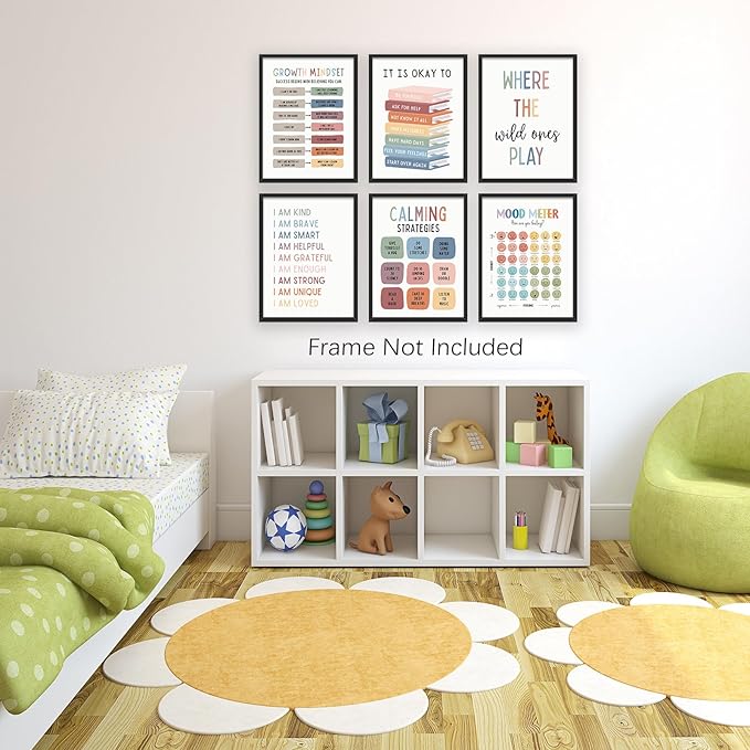 UNXIS Growth Mindset Poster Positive Affirmations Wall Decor It Is Ok To Be Yourself Canvas Wall Art Calming Corner Strategies Chart 8x10in Set of 6 Unframed for Boy Girl Baby Children's Room
