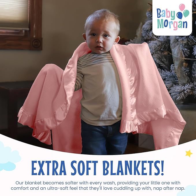 Blankets Thermal Waffle Baby Blanket Crib Bedding - Soft Cozy Warm Infant Thermal Cover for Nursery Stroller or Bassinet, Lightweight Ideal Shower Gift, Satin Trim Pink 36" x 50"
