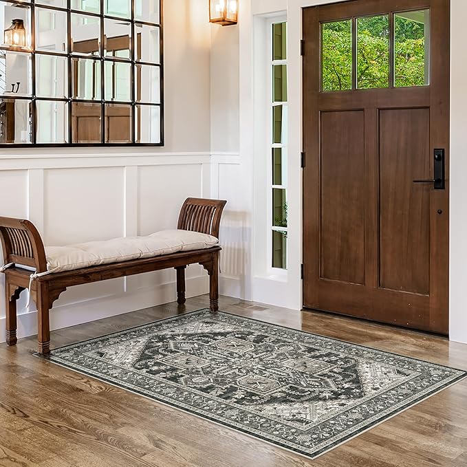 WITSHOCK Living Room Area Rugs 3x5: Washable Rug Boho Soft Non-Slip Low Pile Stain Resistant Foldable Carpet for Bedroom Playroom Dining Room Office Kitchen Farmhouse Home Decor Rug-Bitter Black