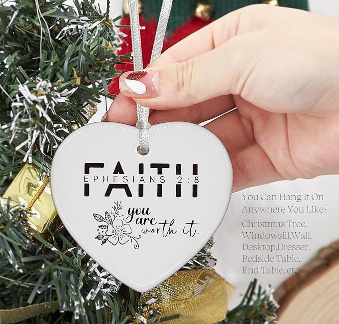 Heart Shaped Christmas Ornament-Christian Scripture Bible Verse Decor-Inspirational Faith Gift for Women Her-Affirmation Quote You are Worth It-Ceramic Ornament Religious Home Keepsake