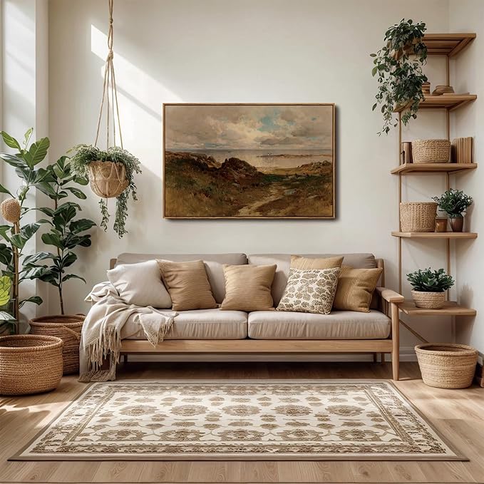 OIQArtOIQ Framed Vintage Landscape Wall Art Coast Natural Scenery Oil Painting Canvas Prints Country Farmhouse Aesthetic Decor Fall Pictures for Kitchen Bedroom Living Room Bathroom