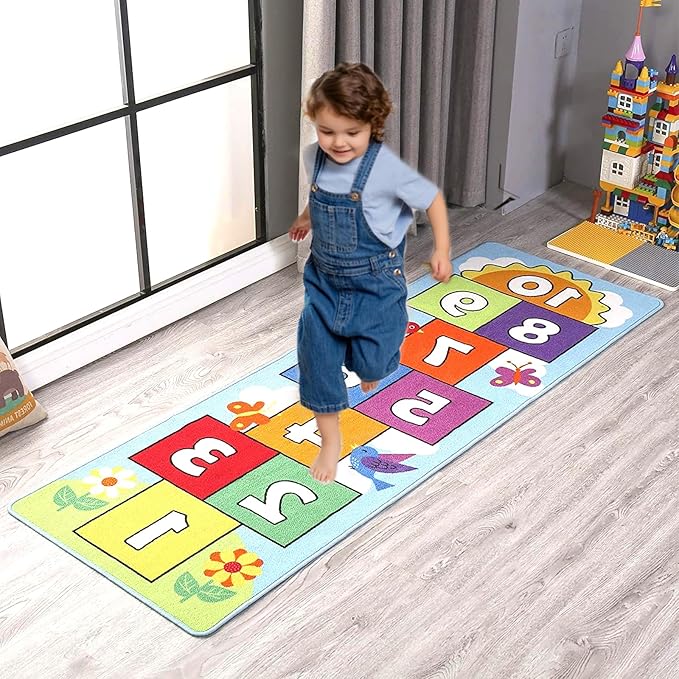 Hop & Count Hopscotch Rug for Kids, Floor Play Area Rug Game Carpet Crawl Jump Mat, Skid-Proof Backing, Great Gift for Boys Girls, Room Decor, Classic Hopscotch Rug for Preschool Playroom
