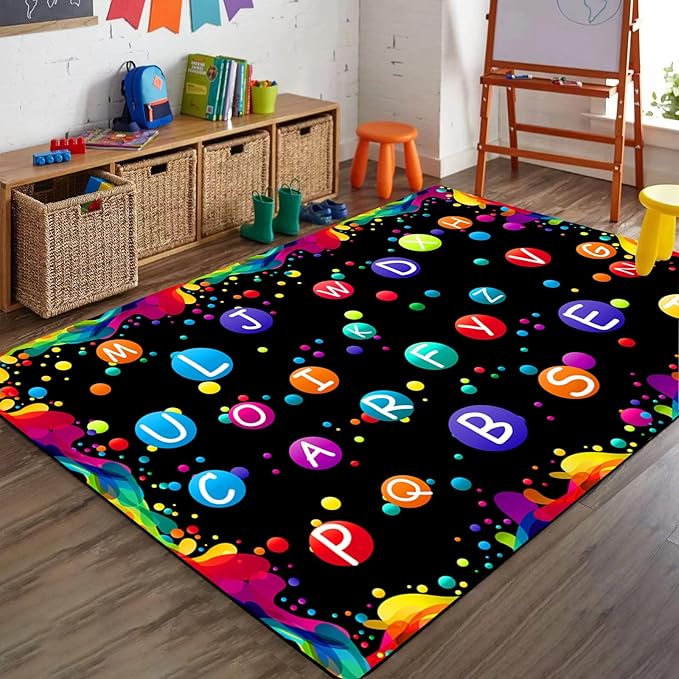 Colorful Painting Area Carpet, 6x8ft, Rainbow ABC Alphabet Playroom Rugs, Foldable Durable Durable Washable Area Rugs, Soft Reduce Noise Cozy Low Pile Mats for Bedside Dorm
