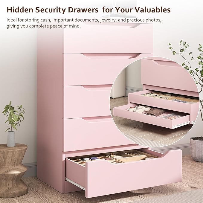 Pink Tall 5 Drawer Dresser for Bedroom with Hidden Storage Design, Large Modern Closet Dressers & Chests of Drawers with Cut-Out Handles, 27.6" L*15.8" W*45.3" H for Bedroom, Living Room, Nursery