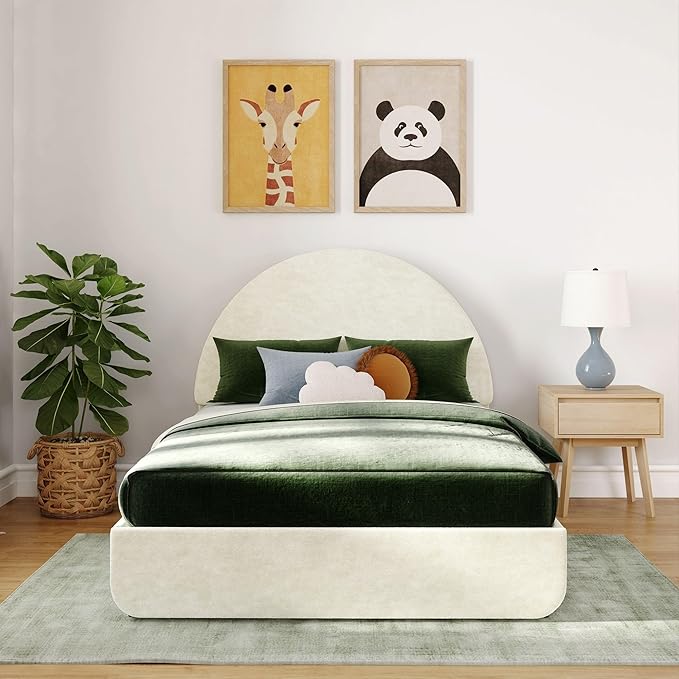 Max & Lily Upholstered Full Bed Frame with Arch Headboard with 1 Drawer End Storage, Upholstered Platform Bed for Kids, No Box Spring Needed, Easy Assembly, Cream