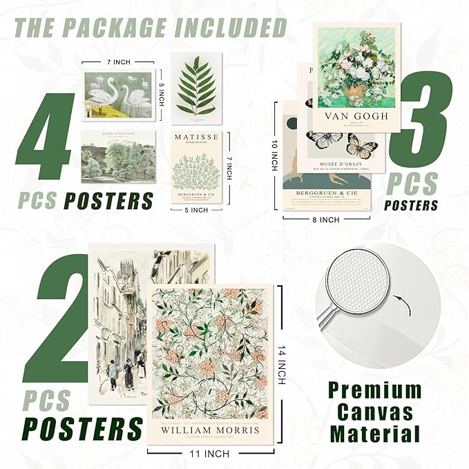 uniro Sage Green Eclectic Wall Art Prints, 9 Pcs Matisse Wall Art Exhibition Posters for Room Aesthetic, Van Gogh William Morris Matisse Picasso Green Eclectic Gallery Wall Decor, Maximalist Canvas
