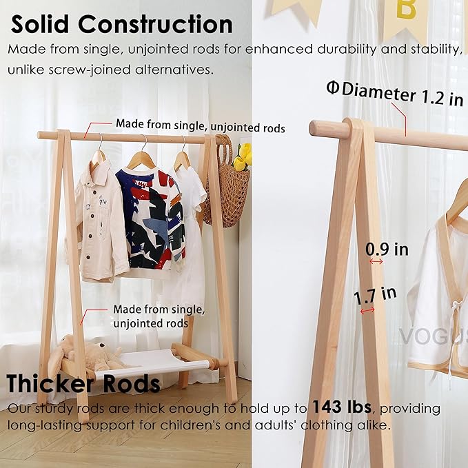 Dress up Rack, Child Garment Rack, Kids Clothing Rack with Storage Shelf (Natural Beech, 29.5" L x 14.5" W x 40" H)