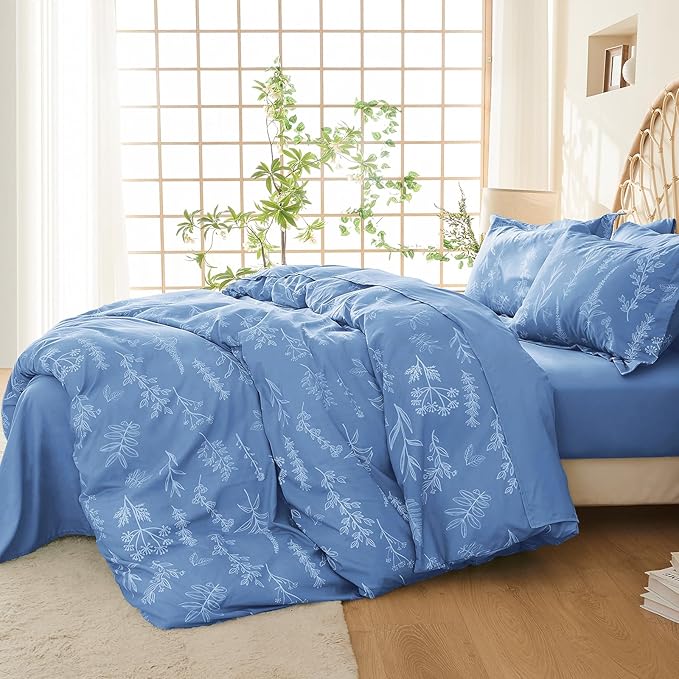 MUXHOMO Duvet Cover Queen Size, Reversible Floral Ice Blue Duvet Cover Set with Zipper Closure, 3 Pieces Botanical Patterns Soft Microfiber Bedding Set with 4 Ties (90"x90", 2 Pillow Cases)