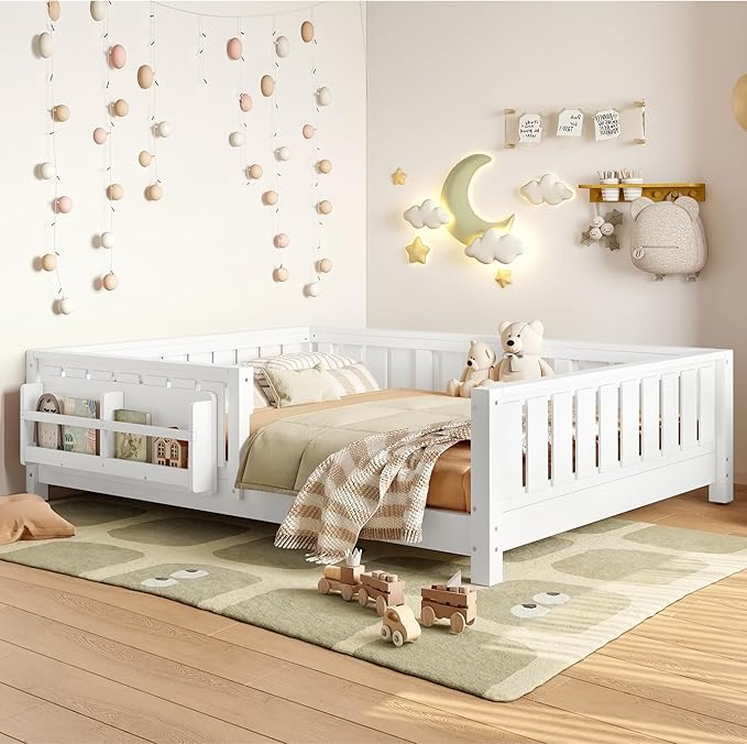 Bellemave Full Size Floor Bed with Slats and Safety Guardrail, Full Size Montessori Floor Bed with Fence and Built-in Bookshelf, Easy Assemble Montessori Beds for Kids, Girls, Boys, White